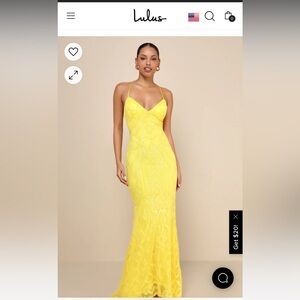 NWT Lulu’s Perfect Enchantment Yellow Sequin lace-up mermaid maxi dress